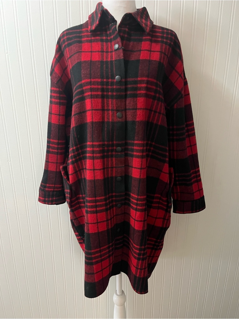 Renee C. Red and Black Plaid Trench Coat